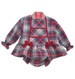 Girls Check Dress Set With Double Velvet Bows