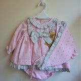 Pink Baby Dress and Bonnet with Grey Bow