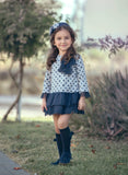 Grey & Navy Metallic Polka Dot Dress