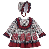 Baby Grey & Red Check Dress Set with Bonnet